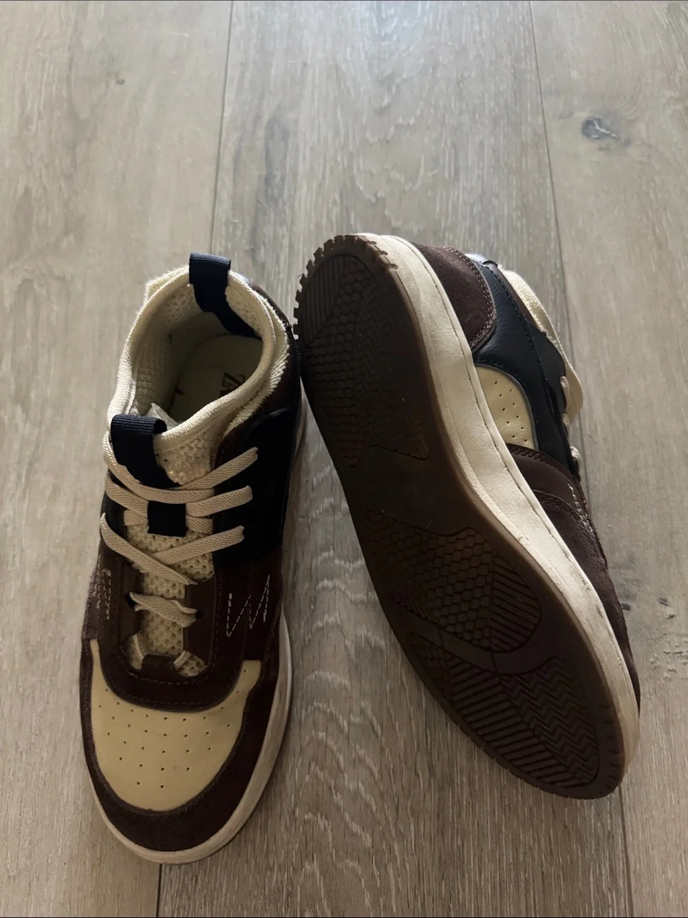 Zara Kids Brown and Cream High-Top Sneakers